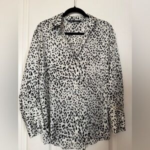 Zara Leopard Print Oversized Button Down Blouse Size S Black & Cream